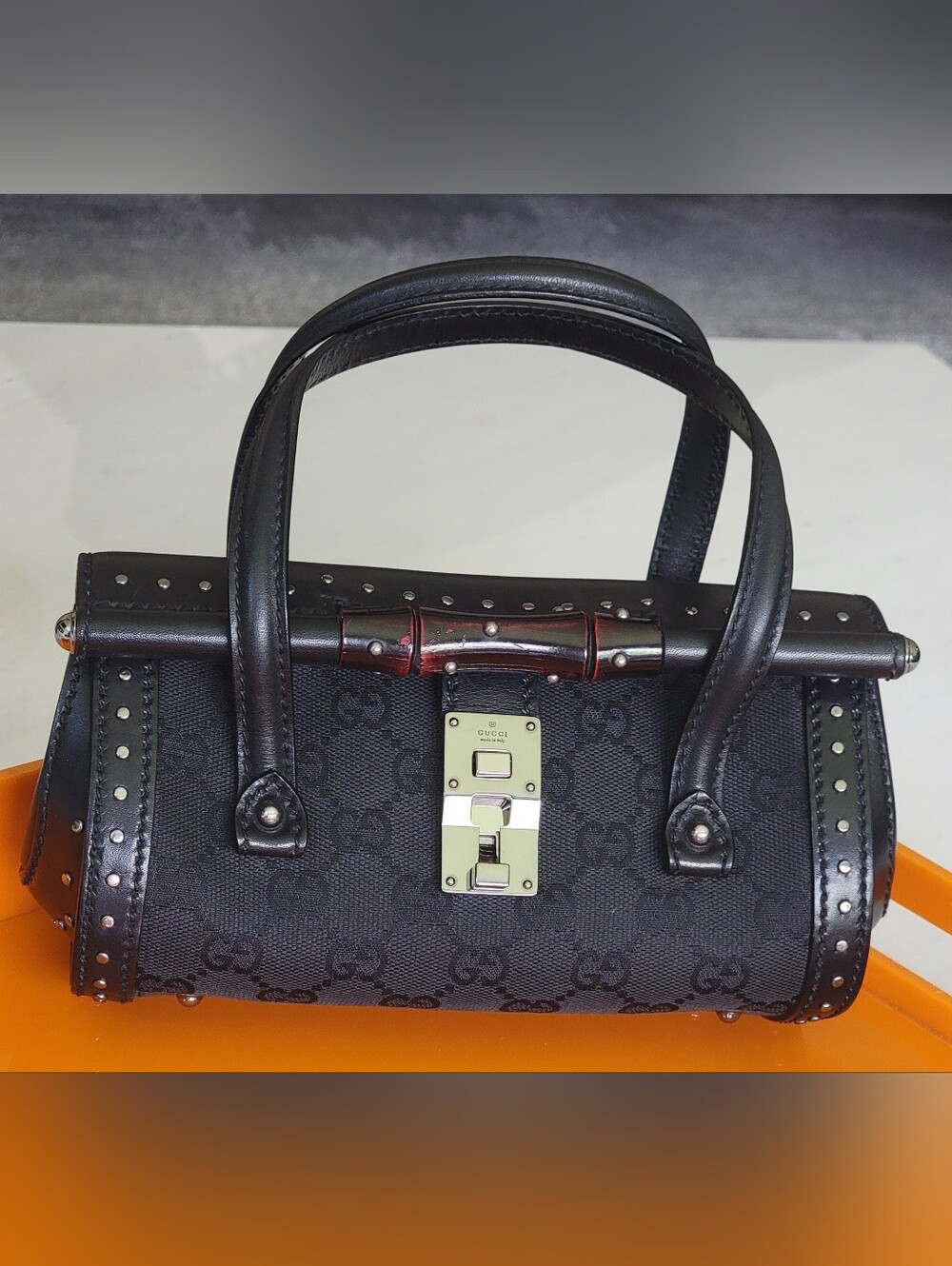 Gucci Tom Ford Studded Bamboo Bullet Bag Vintage Black GG Monogram Mini Purse